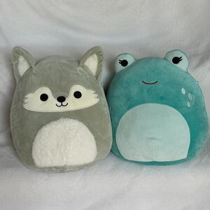 Lot of Two (2) Squishmallow Soft Plush Toys 11” Gray Wolf 12" Teal Frog